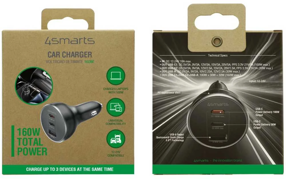 4smarts automobilinis įkroviklis VoltRoad Ultimate 160W juodos spalvos 541224