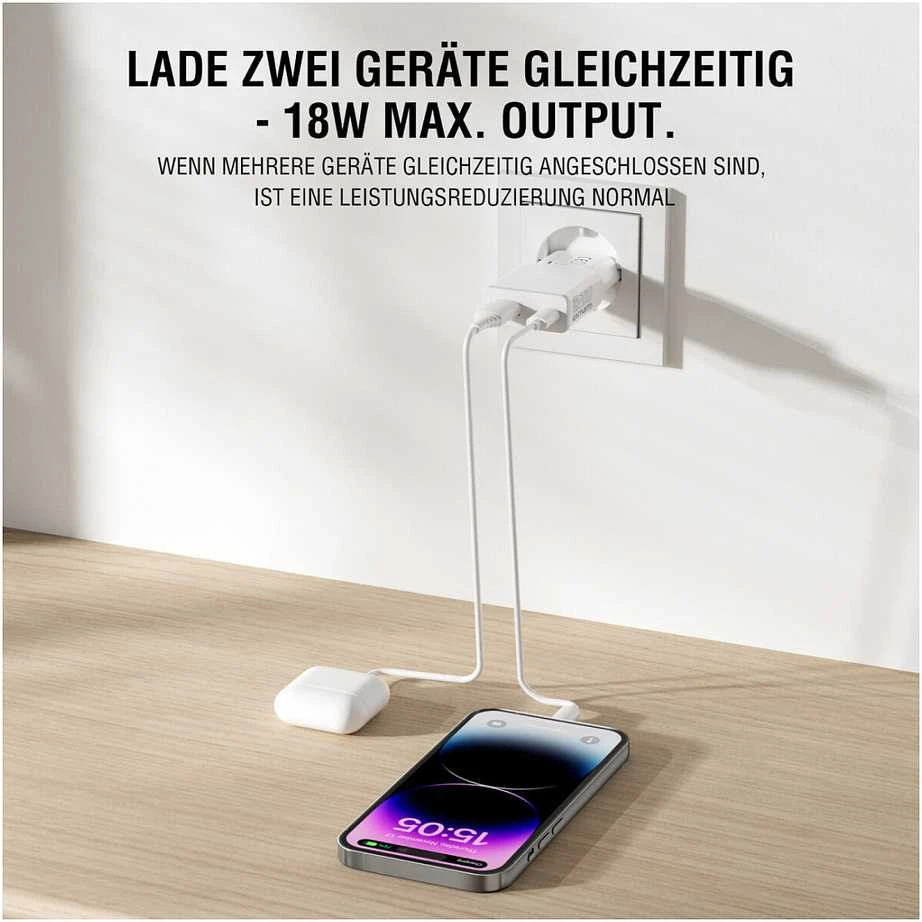 Sieninis įkroviklis 4smarts PDPlug Slim Duos 20W GaN USB-C+USB-A + USB-C kabelis 1.5m baltos spalvos