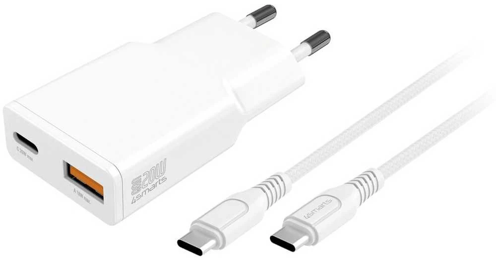 Sieninis įkroviklis 4smarts PDPlug Slim Duos 20W GaN USB-C+USB-A + USB-C kabelis 1.5m baltos spalvos
