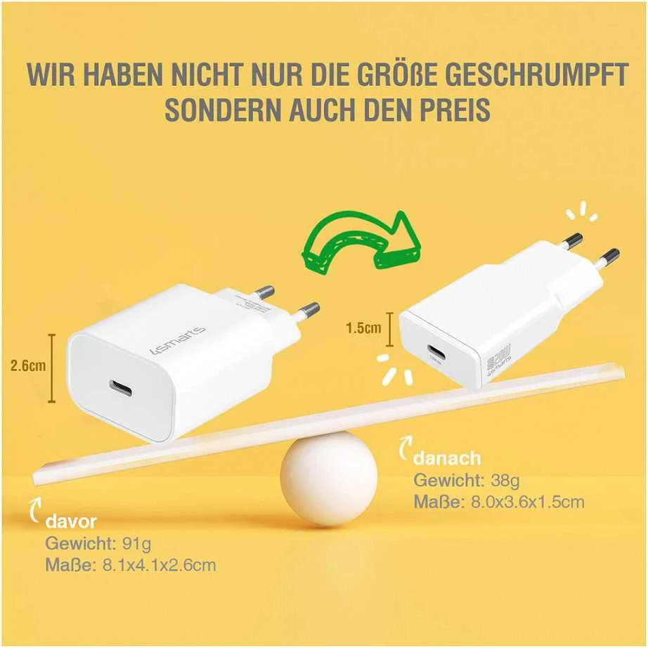 Sieninis įkroviklis 4smarts PDPlug Slim Duos 20W GaN USB-C+USB-A + USB-C kabelis 1.5m baltos spalvos