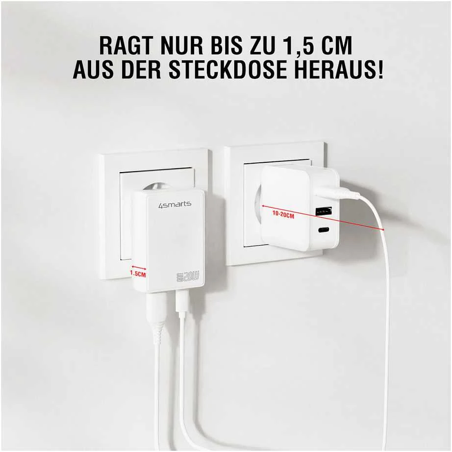 Laidinis įkroviklis 4smarts FlatPlug Duos 20W GaN USB-C + USB-A baltos spalvos