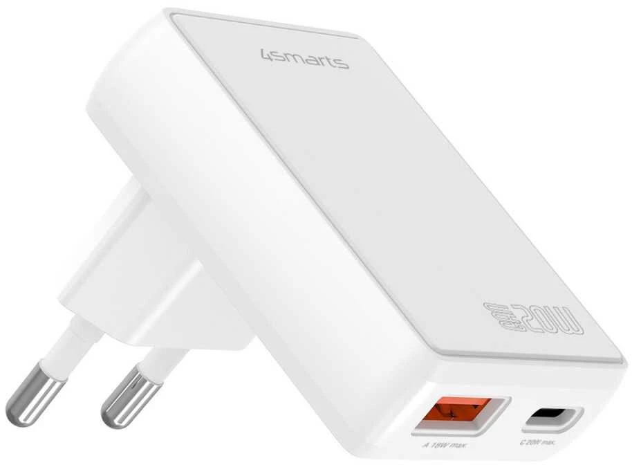 Laidinis įkroviklis 4smarts FlatPlug Duos 20W GaN USB-C + USB-A baltos spalvos