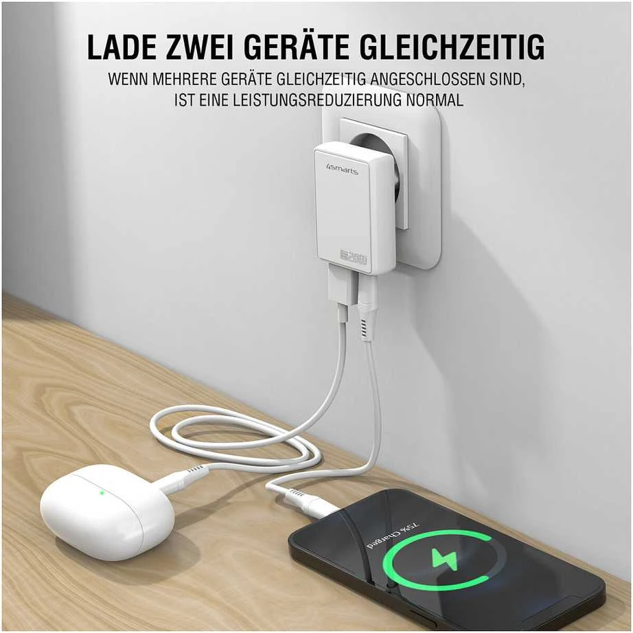 Laidinis įkroviklis 4smarts FlatPlug Duos 20W GaN USB-C + USB-A baltos spalvos