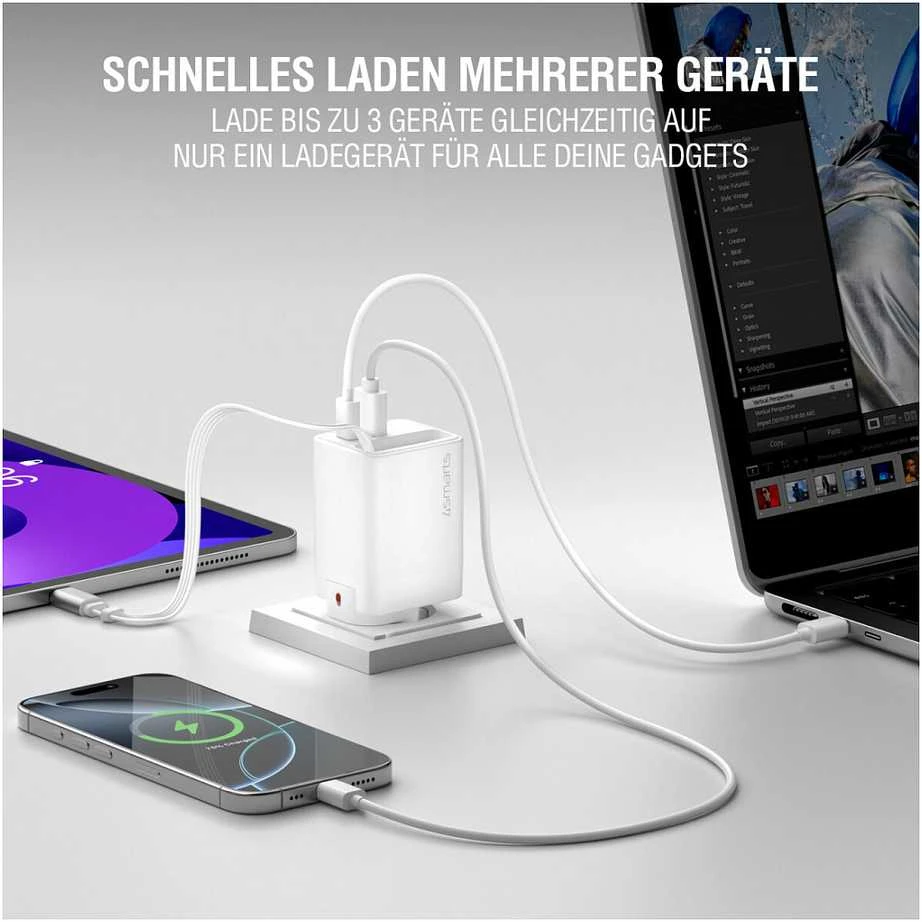 Įkroviklis jungiama į tinklą 4smarts Flex Jojo 65W GaN 2xUSB-C + USB-A balta