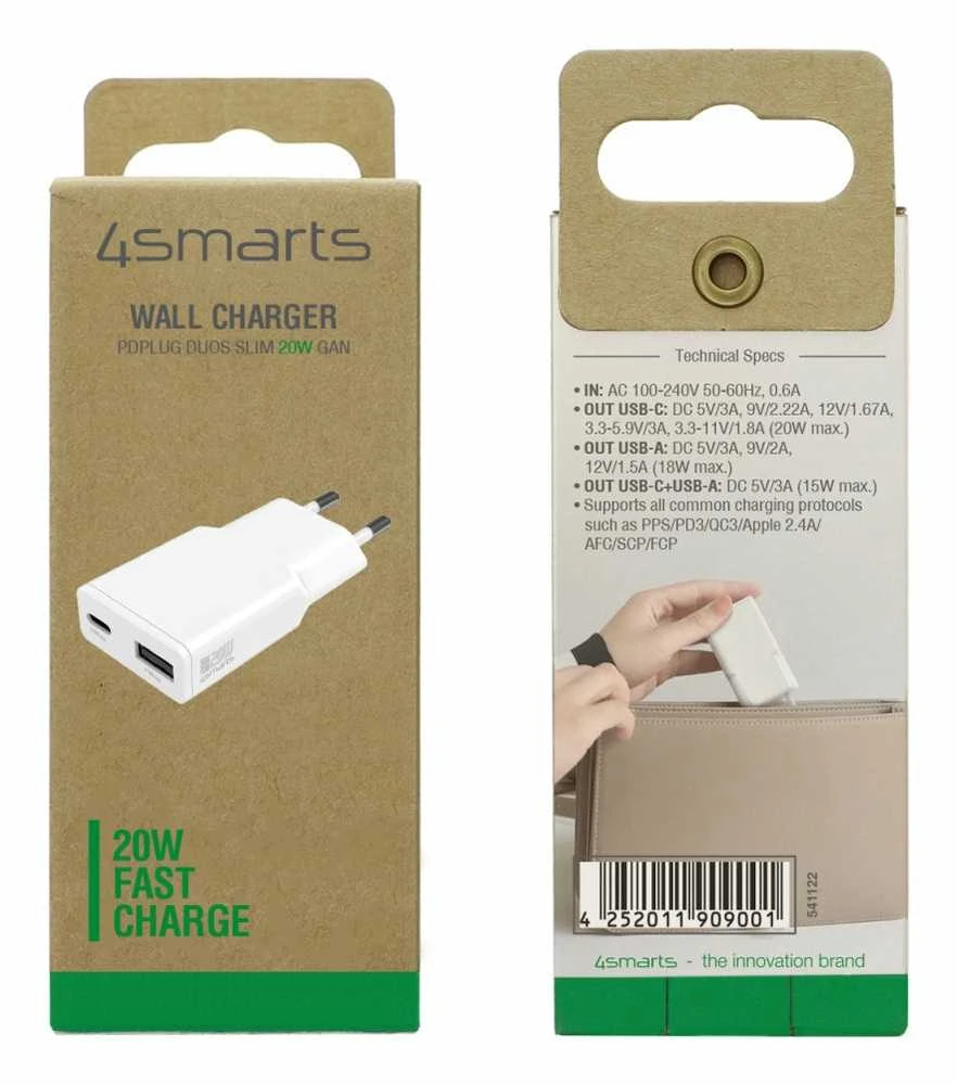 Įkroviklis 4smarts PDPlug Duos Slim GaN 1 USB-A 1 USB-C 20W (541122)