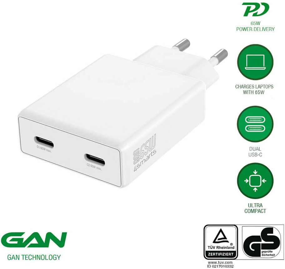Laidinis įkroviklis 4smarts PDPlug Slim Dual 65W GaN 2xUSB-C baltos spalvos