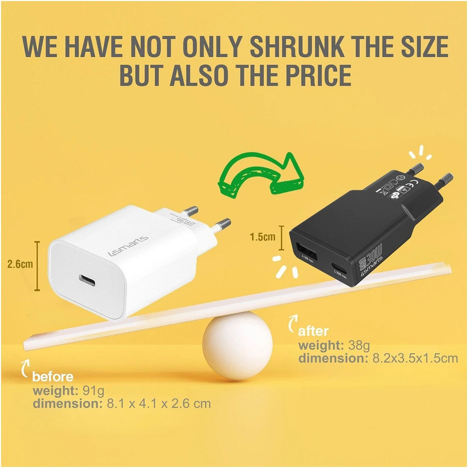 Įkroviklis jungiama į tinklą 4smarts FlatPlug Duos 30W GaN USB-C/USB-A juoda