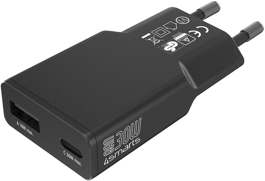 Įkroviklis jungiama į tinklą 4smarts FlatPlug Duos 30W GaN USB-C/USB-A juoda