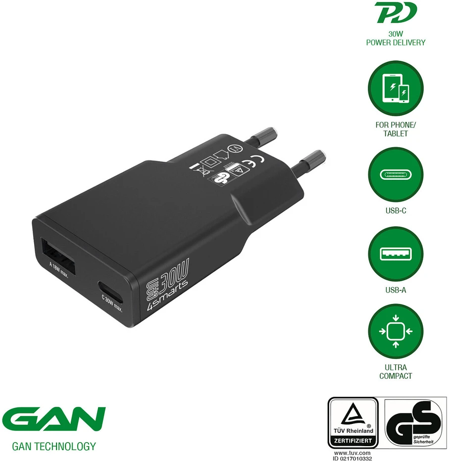 Įkroviklis jungiama į tinklą 4smarts FlatPlug Duos 30W GaN USB-C/USB-A juoda