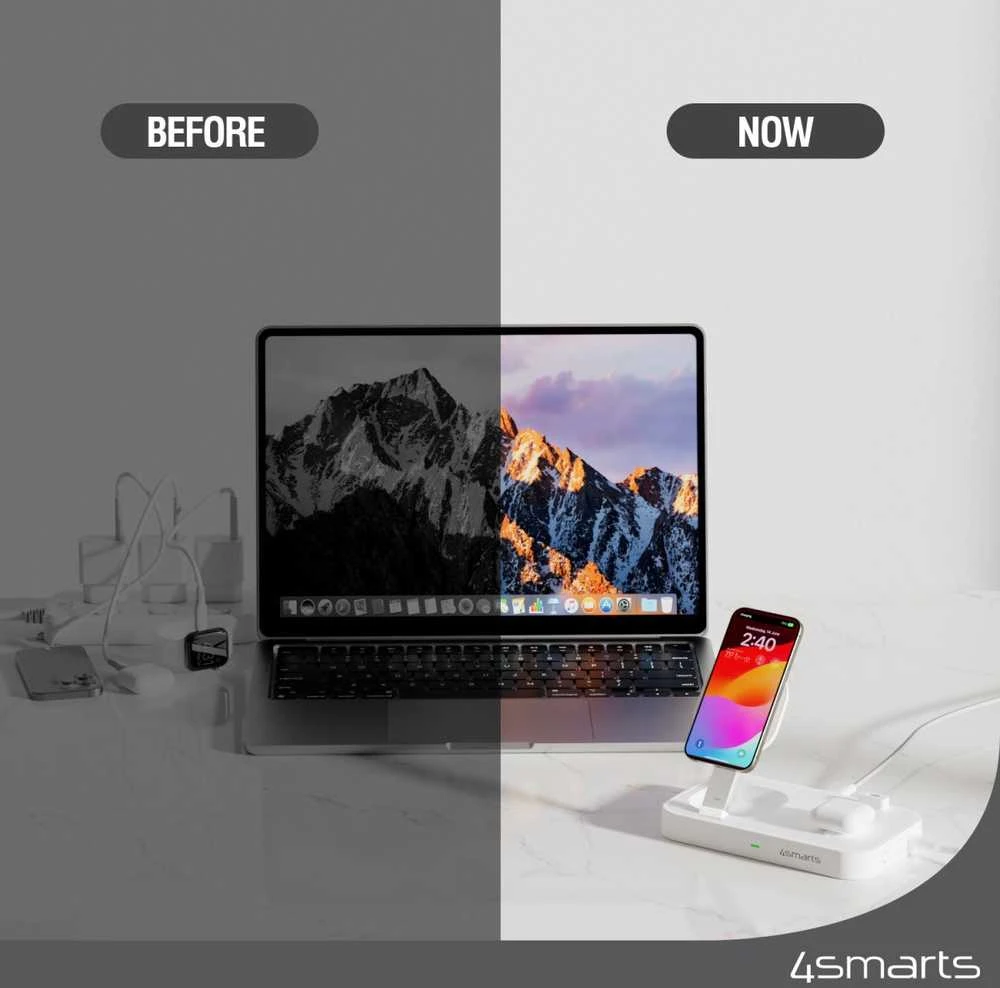 4smarts belaidis įkroviklis QI2 Trident 2in1 + USB-C + Laidinis įkroviklis 30W baltos spalvos 540998