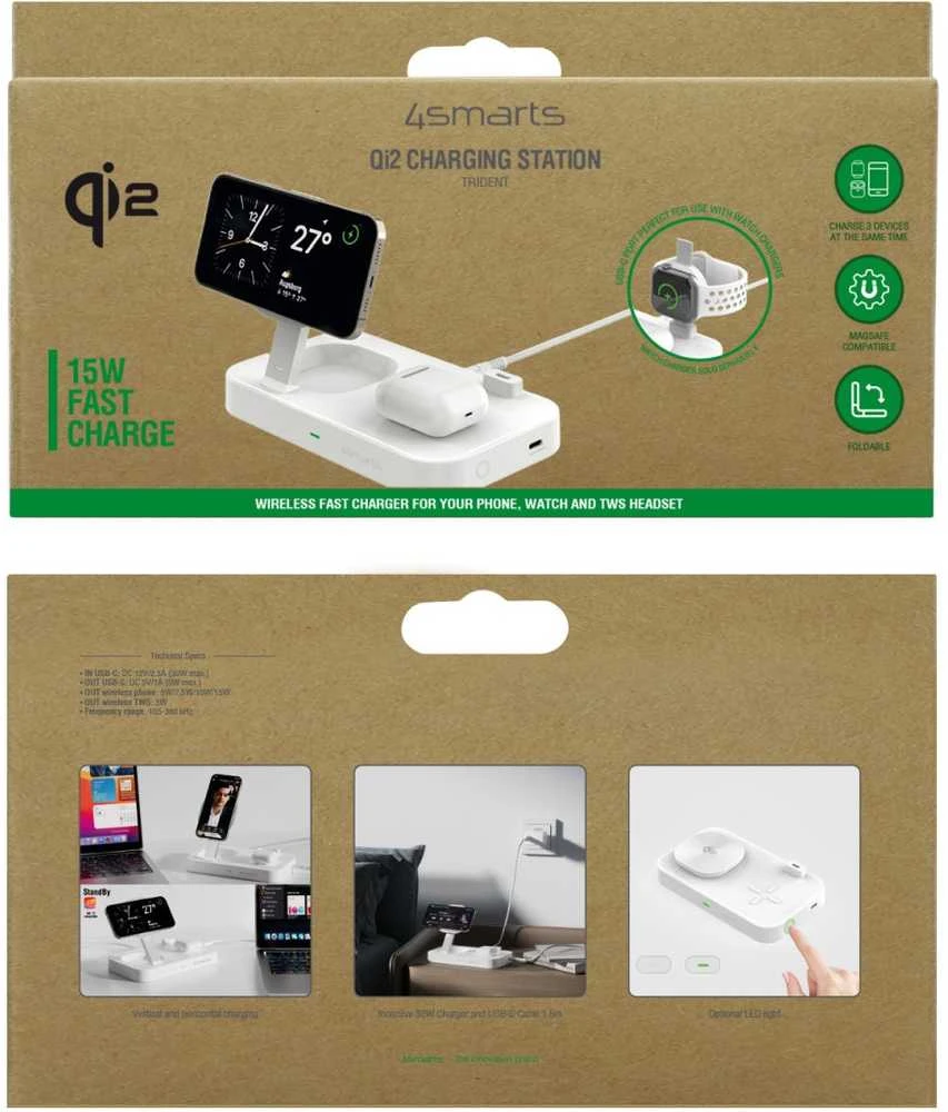 4smarts belaidis įkroviklis QI2 Trident 2in1 + USB-C + Laidinis įkroviklis 30W baltos spalvos 540998