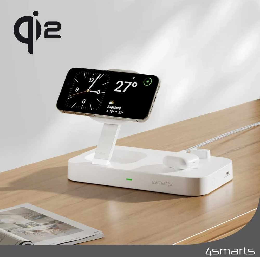 4smarts belaidis įkroviklis QI2 Trident 2in1 + USB-C + Laidinis įkroviklis 30W baltos spalvos 540998