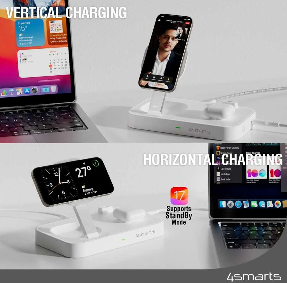 4smarts belaidis įkroviklis QI2 Trident 2in1 + USB-C + Laidinis įkroviklis 30W baltos spalvos 540998