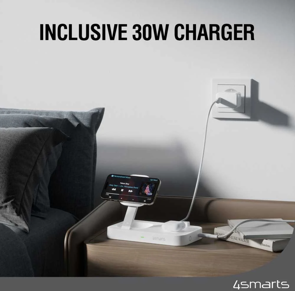 4smarts belaidis įkroviklis QI2 Trident 2in1 + USB-C + Laidinis įkroviklis 30W baltos spalvos 540998
