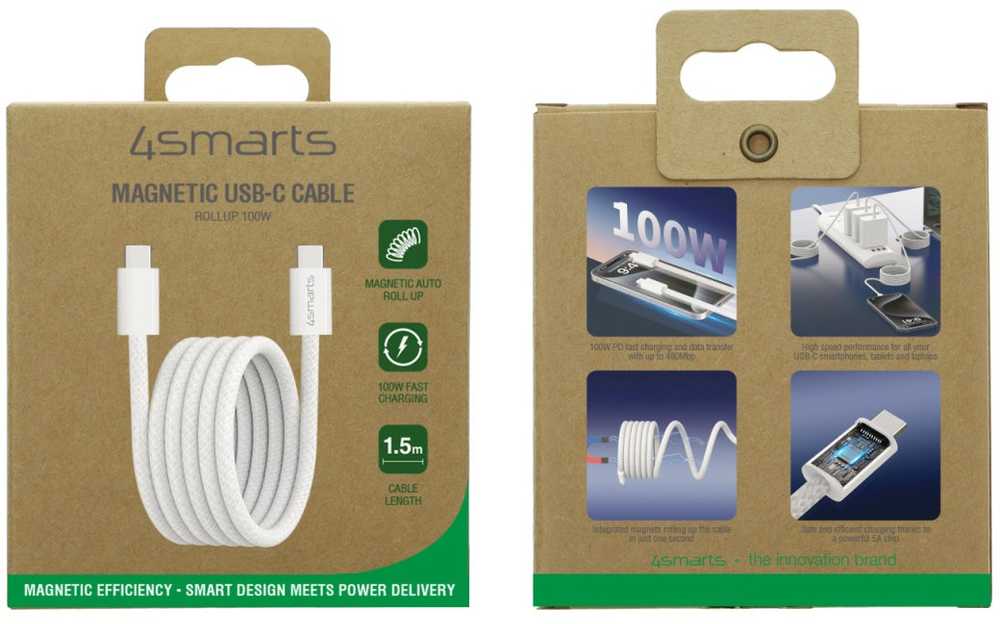 4smarts USB-C laidas 100W 5A 1.5m magnetiniu būdu ištraukiamas balta/baltas 541012