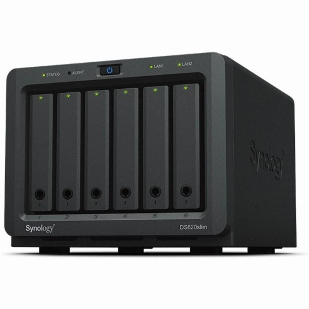 Serveris „Synology Tower NAS DS620slim“ iki 6 HDD / SSD karšto keitimo, „Celeron J3355“ dviejų branduolių, procesoriaus dažnis 2 GHz, 2 GB, DDR3L, RAID 0,1,5,6,10, hibridinis, 2 x 1 GbE, 2 x USB 3.2 1 kartos prievadas, vienas ventiliatorius
