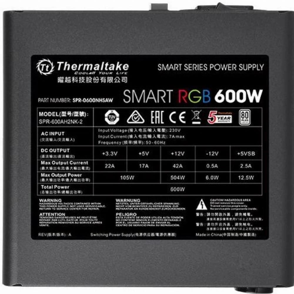 Maitinimo šaltinis Thermaltake Smart 600W RGB PS-SPR-0600NHSAWE-1 (600 W, aktyvus, 120 mm)