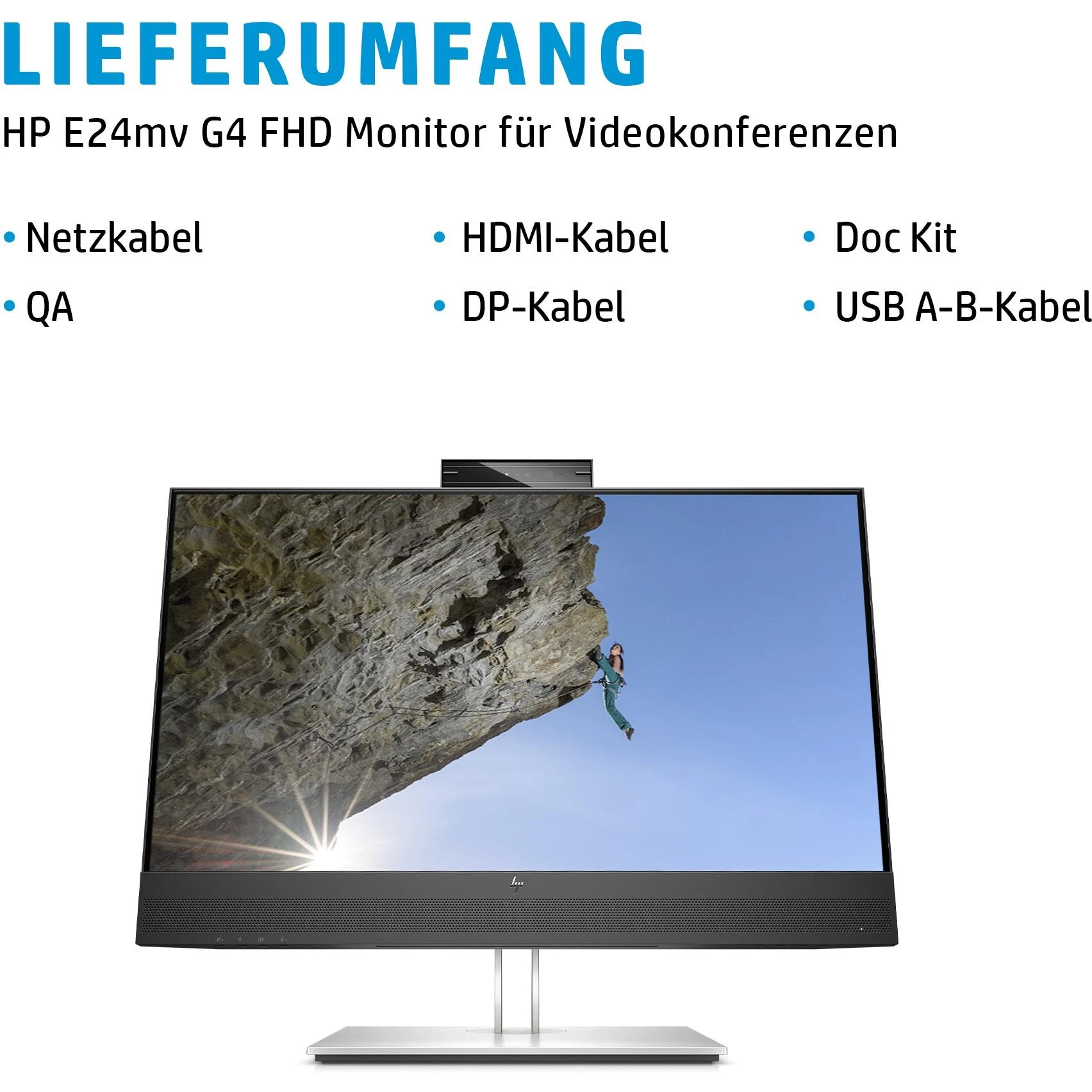 „Hewlett Packard (HP) HP E24mv G4 FHD“ konferencijų monitorius – 23,8 colio, 1920 x 1080 FHD, 250 nitų, 60 Hz, AG, IPS, HDMI/VGA/DisplayPort, 4 USB-A jungtys, garsiakalbiai, 5 MP internetinė kamera, reguliuojamo aukščio / pakreipimo / pasukimo / sukimosi funkcija, 3 metai