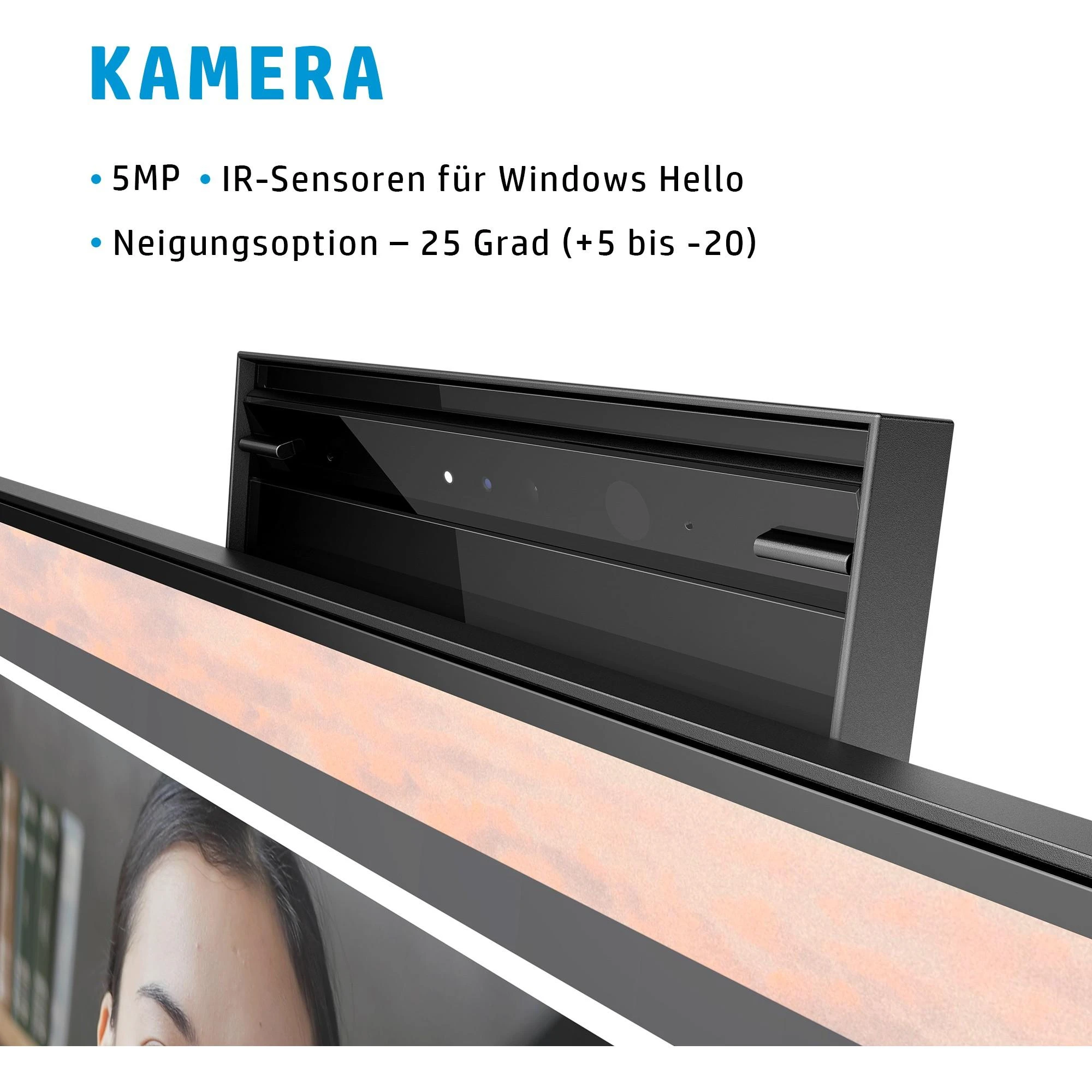 „Hewlett Packard (HP) HP E24mv G4 FHD“ konferencijų monitorius – 23,8 colio, 1920 x 1080 FHD, 250 nitų, 60 Hz, AG, IPS, HDMI/VGA/DisplayPort, 4 USB-A jungtys, garsiakalbiai, 5 MP internetinė kamera, reguliuojamo aukščio / pakreipimo / pasukimo / sukimosi funkcija, 3 metai