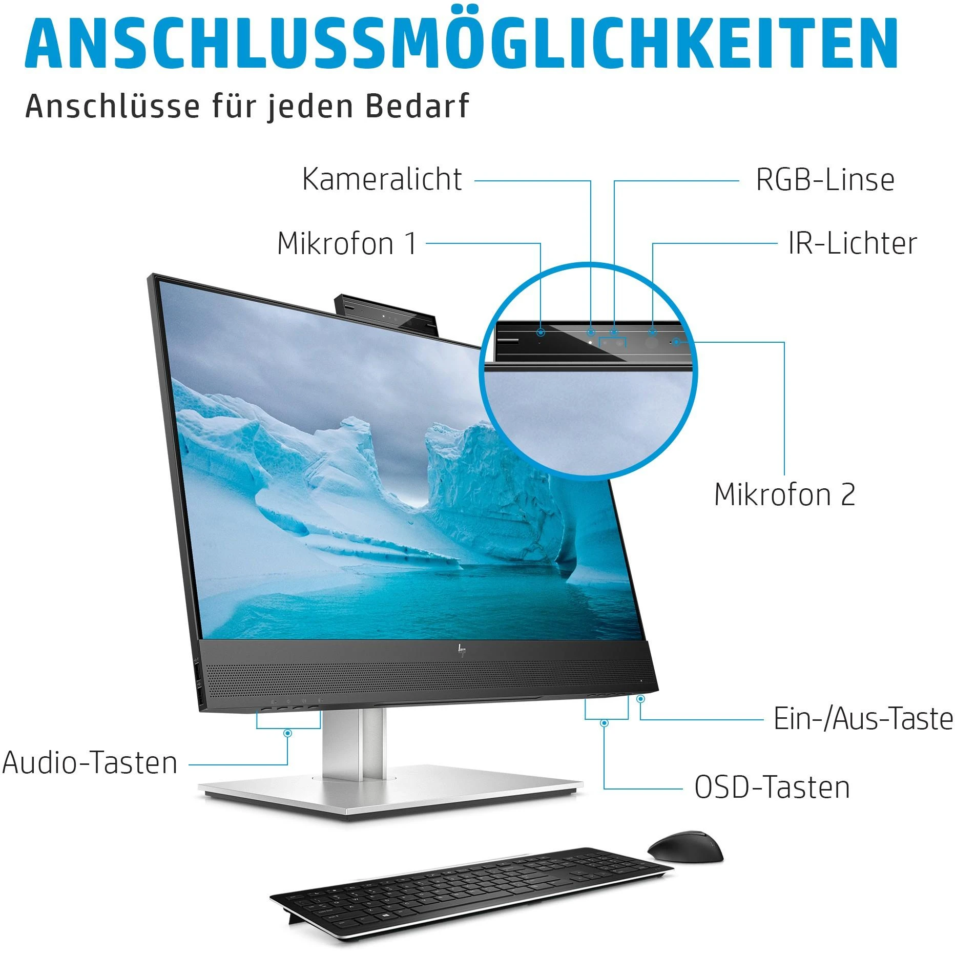 „Hewlett Packard (HP) HP E24mv G4 FHD“ konferencijų monitorius – 23,8 colio, 1920 x 1080 FHD, 250 nitų, 60 Hz, AG, IPS, HDMI/VGA/DisplayPort, 4 USB-A jungtys, garsiakalbiai, 5 MP internetinė kamera, reguliuojamo aukščio / pakreipimo / pasukimo / sukimosi funkcija, 3 metai