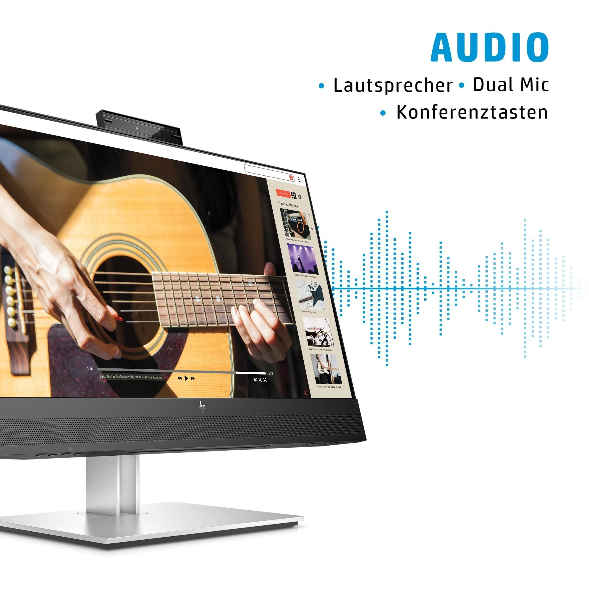 „Hewlett Packard (HP) HP E24mv G4 FHD“ konferencijų monitorius – 23,8 colio, 1920 x 1080 FHD, 250 nitų, 60 Hz, AG, IPS, HDMI/VGA/DisplayPort, 4 USB-A jungtys, garsiakalbiai, 5 MP internetinė kamera, reguliuojamo aukščio / pakreipimo / pasukimo / sukimosi funkcija, 3 metai