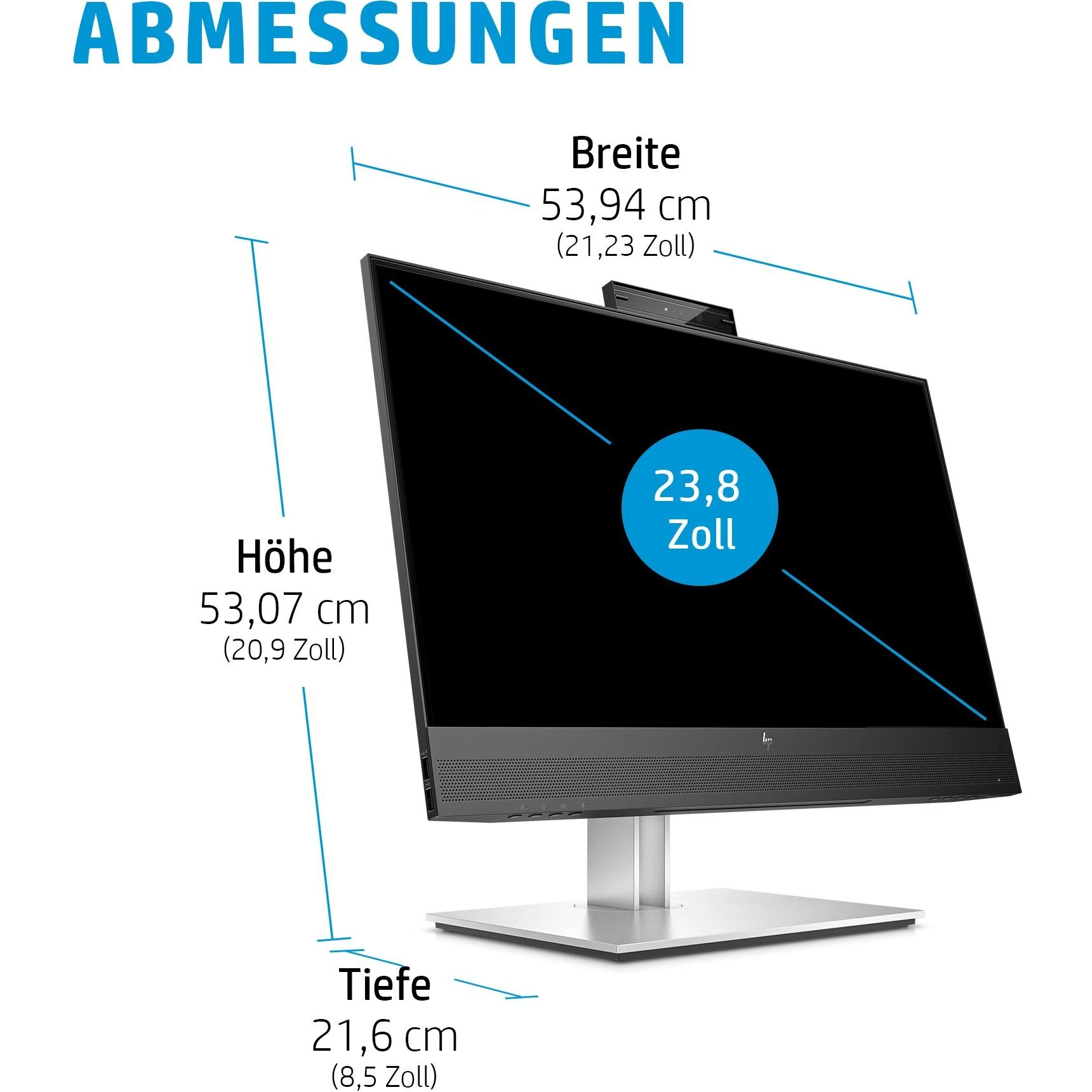 „Hewlett Packard (HP) HP E24mv G4 FHD“ konferencijų monitorius – 23,8 colio, 1920 x 1080 FHD, 250 nitų, 60 Hz, AG, IPS, HDMI/VGA/DisplayPort, 4 USB-A jungtys, garsiakalbiai, 5 MP internetinė kamera, reguliuojamo aukščio / pakreipimo / pasukimo / sukimosi funkcija, 3 metai