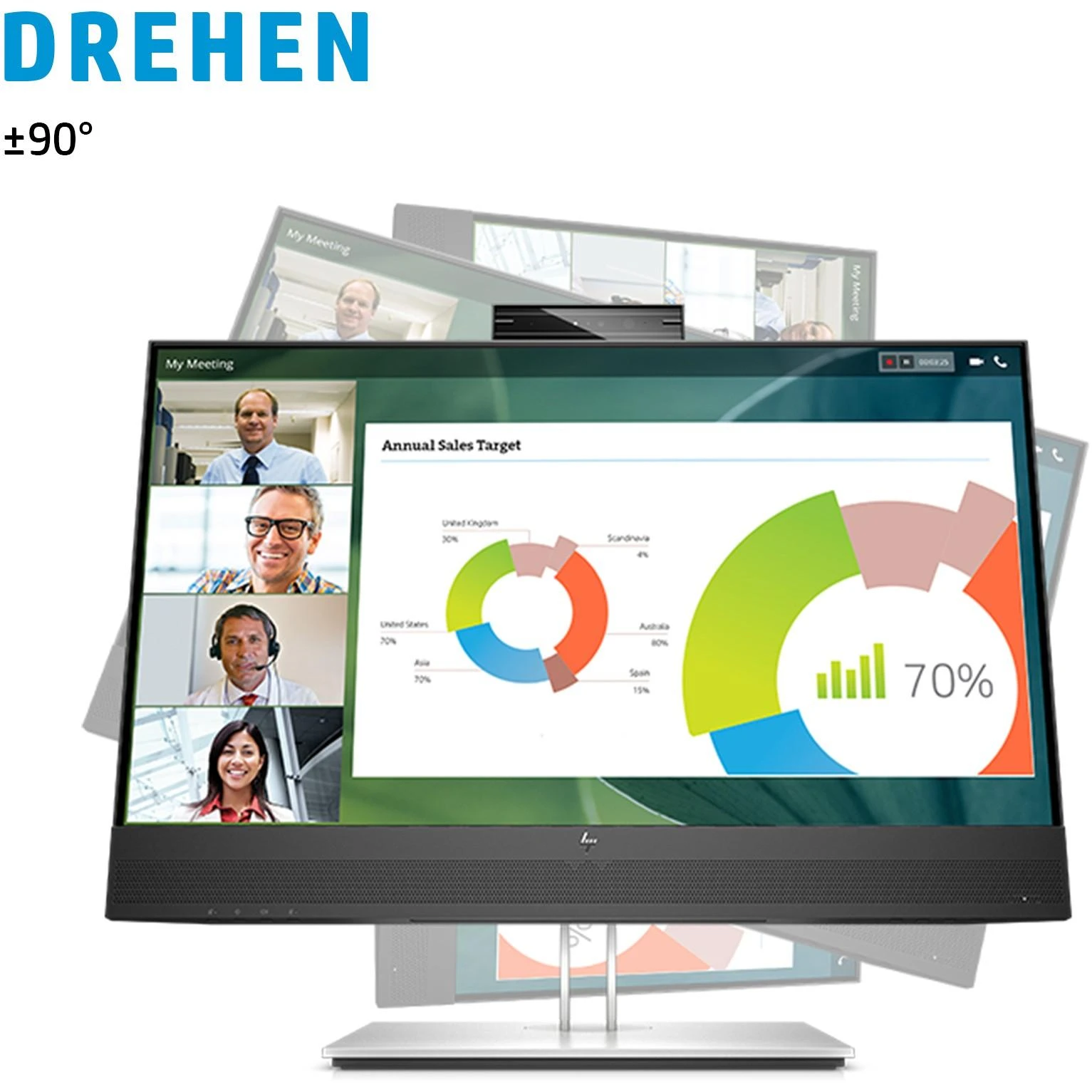 „Hewlett Packard (HP) HP E24mv G4 FHD“ konferencijų monitorius – 23,8 colio, 1920 x 1080 FHD, 250 nitų, 60 Hz, AG, IPS, HDMI/VGA/DisplayPort, 4 USB-A jungtys, garsiakalbiai, 5 MP internetinė kamera, reguliuojamo aukščio / pakreipimo / pasukimo / sukimosi funkcija, 3 metai