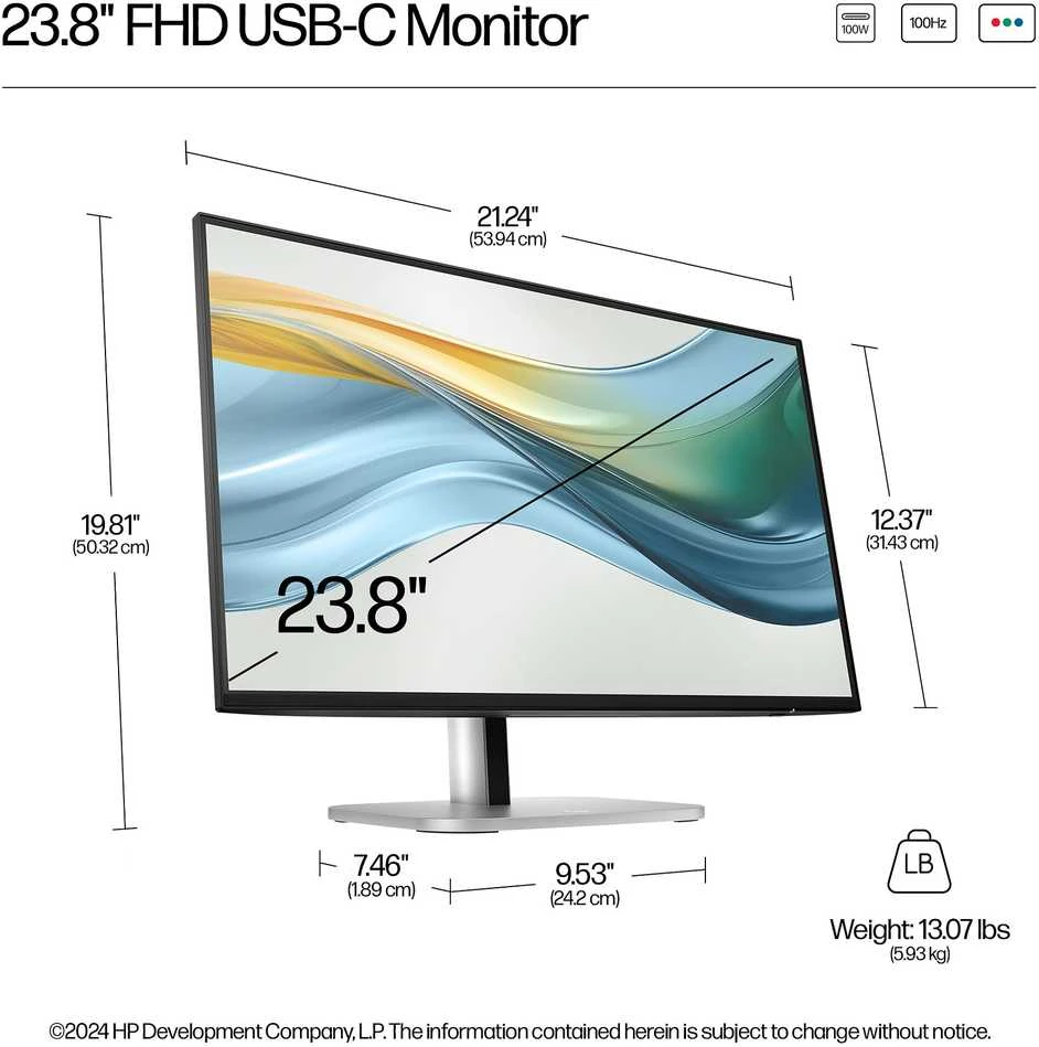 HP 524pu Series 5 Pro FHD įkrovimo monitorius – 23,8 colių 1920x1080 FHD 350 nitų 100 Hz AG, IPS, USB-C(100W/15W)/HDMI/DisplayPort Daisy-Chain, 3x USB-A, RJ-45velti/pivolt aukštis/ (pakeičia E24u G5) (Pažeista pakuotė)