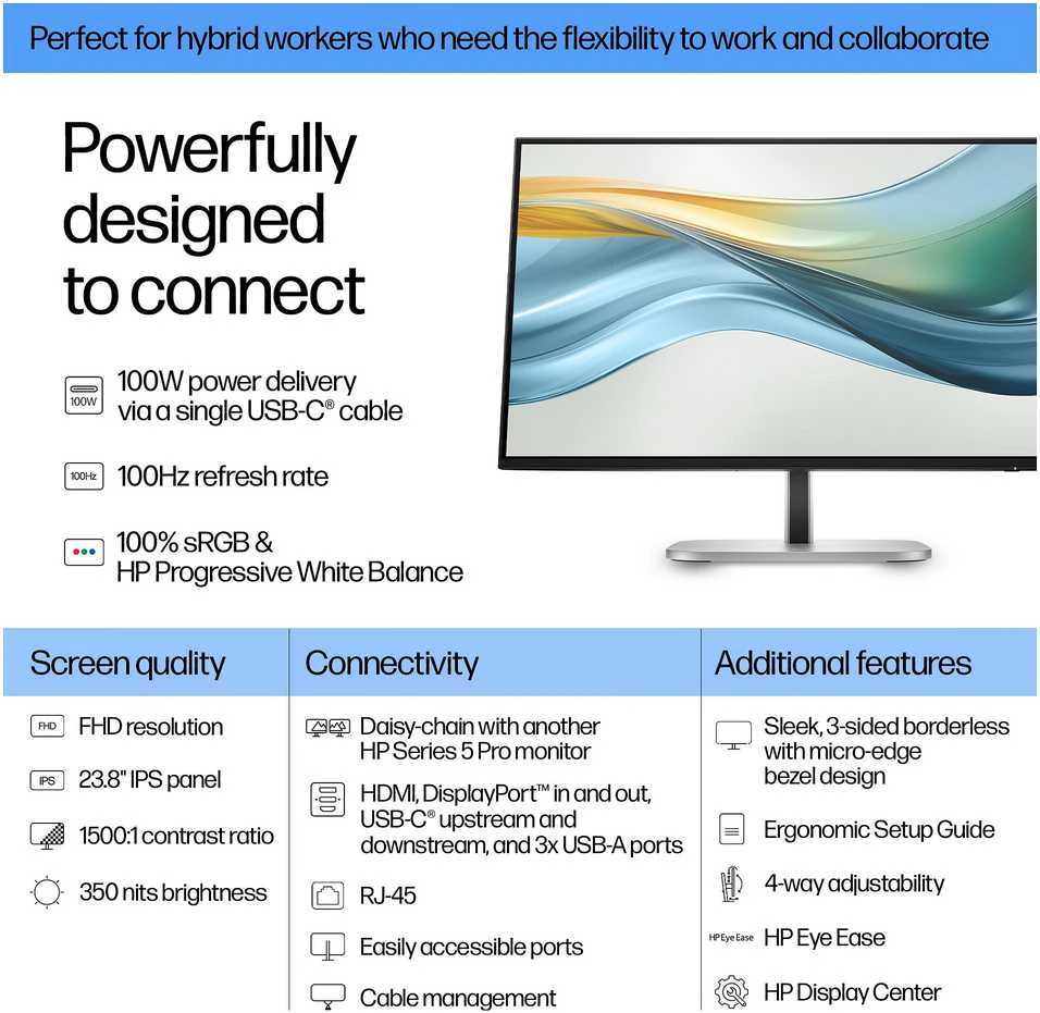 HP 524pu Series 5 Pro FHD įkrovimo monitorius – 23,8 colių 1920x1080 FHD 350 nitų 100 Hz AG, IPS, USB-C(100W/15W)/HDMI/DisplayPort Daisy-Chain, 3x USB-A, RJ-45velti/pivolt aukštis/ (pakeičia E24u G5) (Pažeista pakuotė)