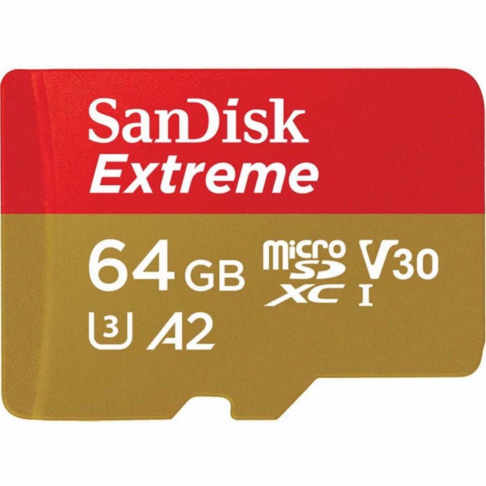 Atminties kortelė SANDISK Extreme Micro SDXC 64 GB veiksmo kameroms ir dronams + SD adapteris 160 MB/s A2 C10 V30 UHS-I U3