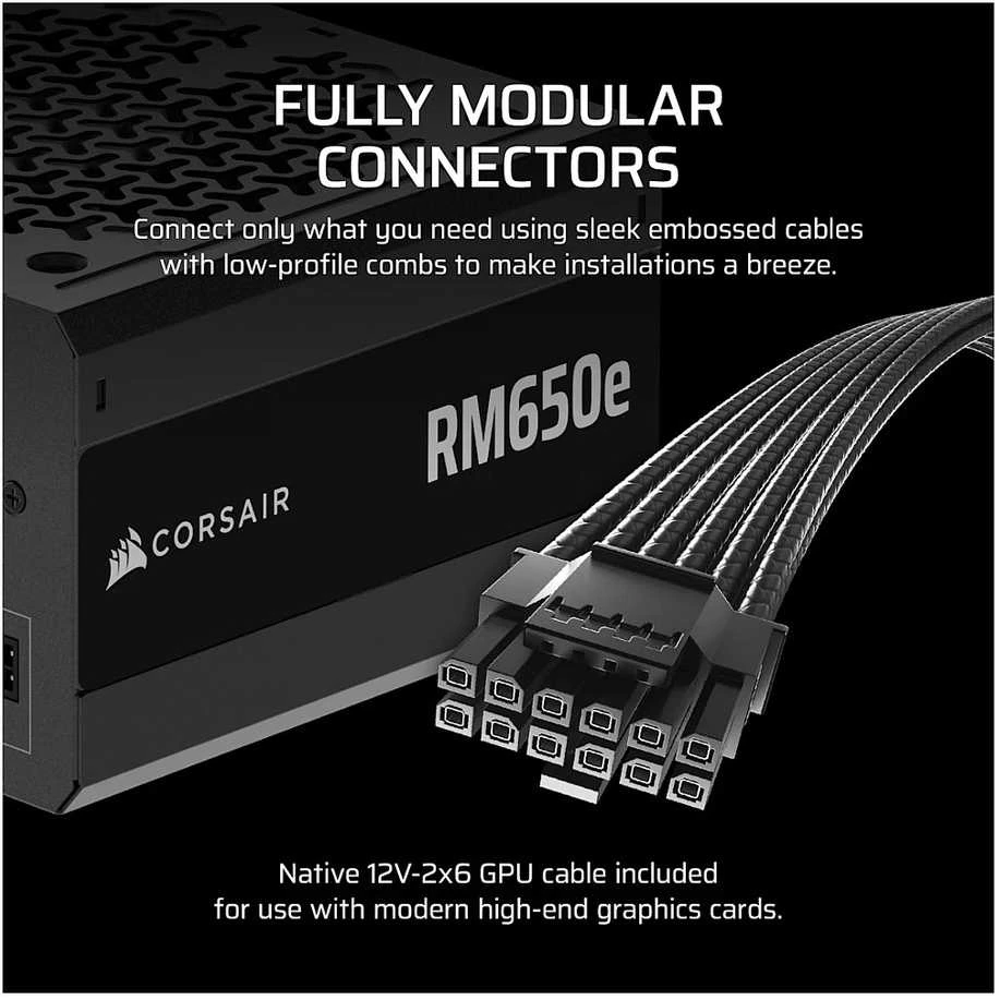 CORSAIR RMe serijos RM650e 650 vatų ATX 3.1 PCIe 5.1 Cybenetics Gold sertifikuotas pilnai modulinis maitinimo šaltinis
