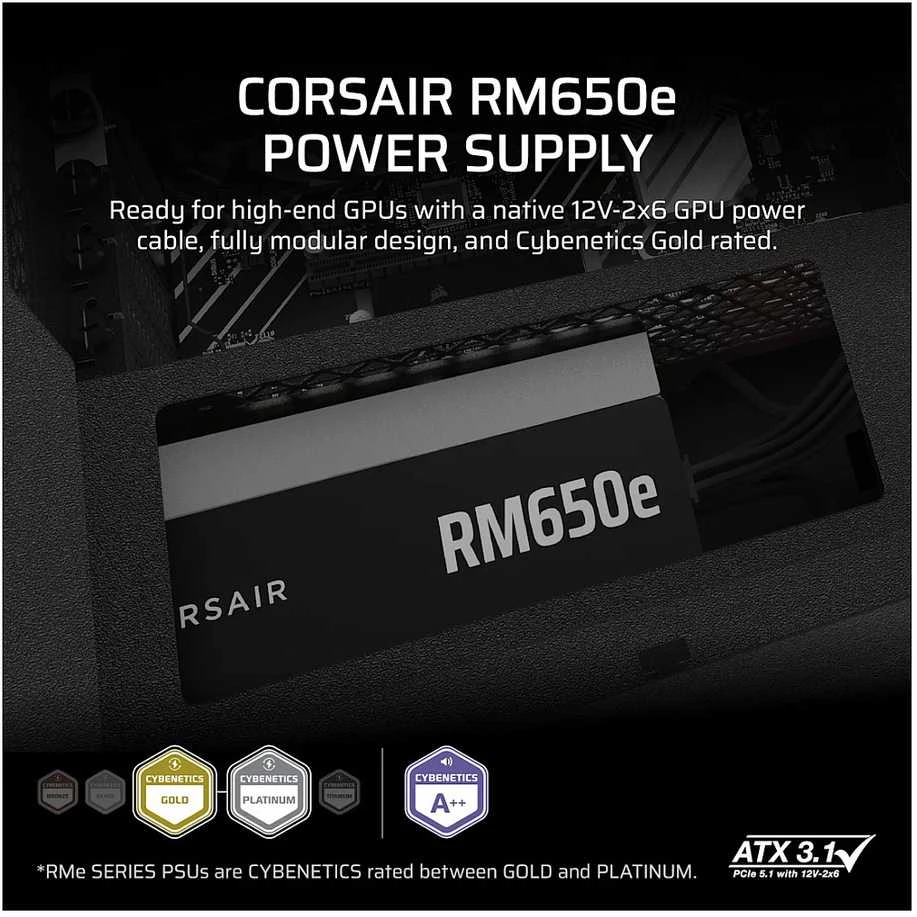 CORSAIR RMe serijos RM650e 650 vatų ATX 3.1 PCIe 5.1 Cybenetics Gold sertifikuotas pilnai modulinis maitinimo šaltinis