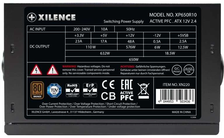 Maitinimo šaltinis XILENCE 650 vatų, efektyvumas 80 PLUS BRONZE PFC Active XN220