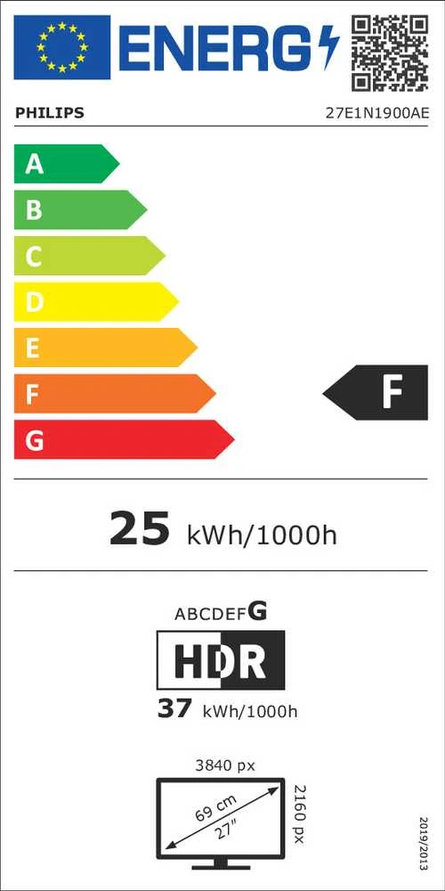 Monitorius Mmd monitoriai Ekranai PHILIPS 27E1N1900AE/00 27 colių IPS 4K UHD 60Hz 350cd/m2 4ms 2xHDMI2.0 USB Type-C PD65W USB šakotuvas Garsiakalbiai Aukščio reguliavimas.