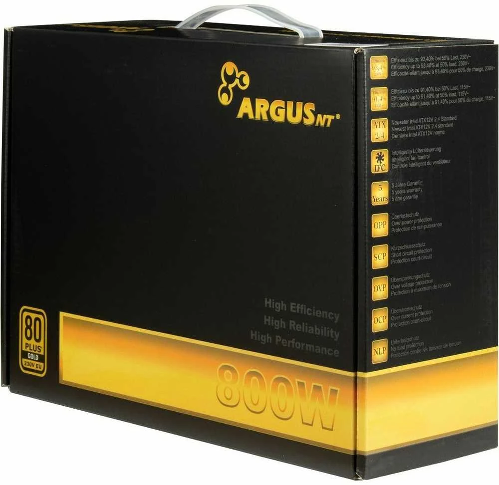 Maitinimo šaltinis INTER-TECH Argus GPS 800W, 80PLUS Gold, 140 mm ventiliatorius, intelektualus ventiliatoriaus valdymas (IFC), 4xPCI-e, OPP, SCP, OVP, OCP ir NLP apsauga
