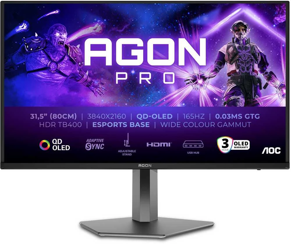 Monitorius AOC AGON PRO AG326UD, 31.5", QD OLED, 4K UHD, 165 Hz, HDR 400 TrueBlack, 0,03 ms