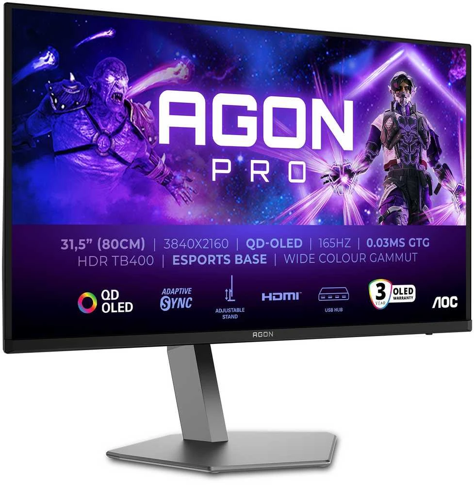 Monitorius AOC AGON PRO AG326UD, 31.5", QD OLED, 4K UHD, 165 Hz, HDR 400 TrueBlack, 0,03 ms