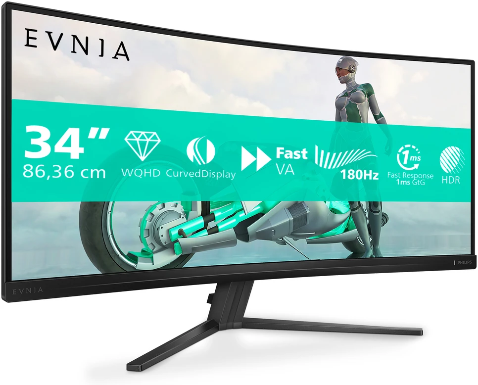 Žaidimų monitorius Philips Evnia 34M2C3500L | 34" / Fast VA / WQHD 3440 x 1440/ DisplayPort: 180 Hz, HDMI: 100 Hz /300 cd/m²
