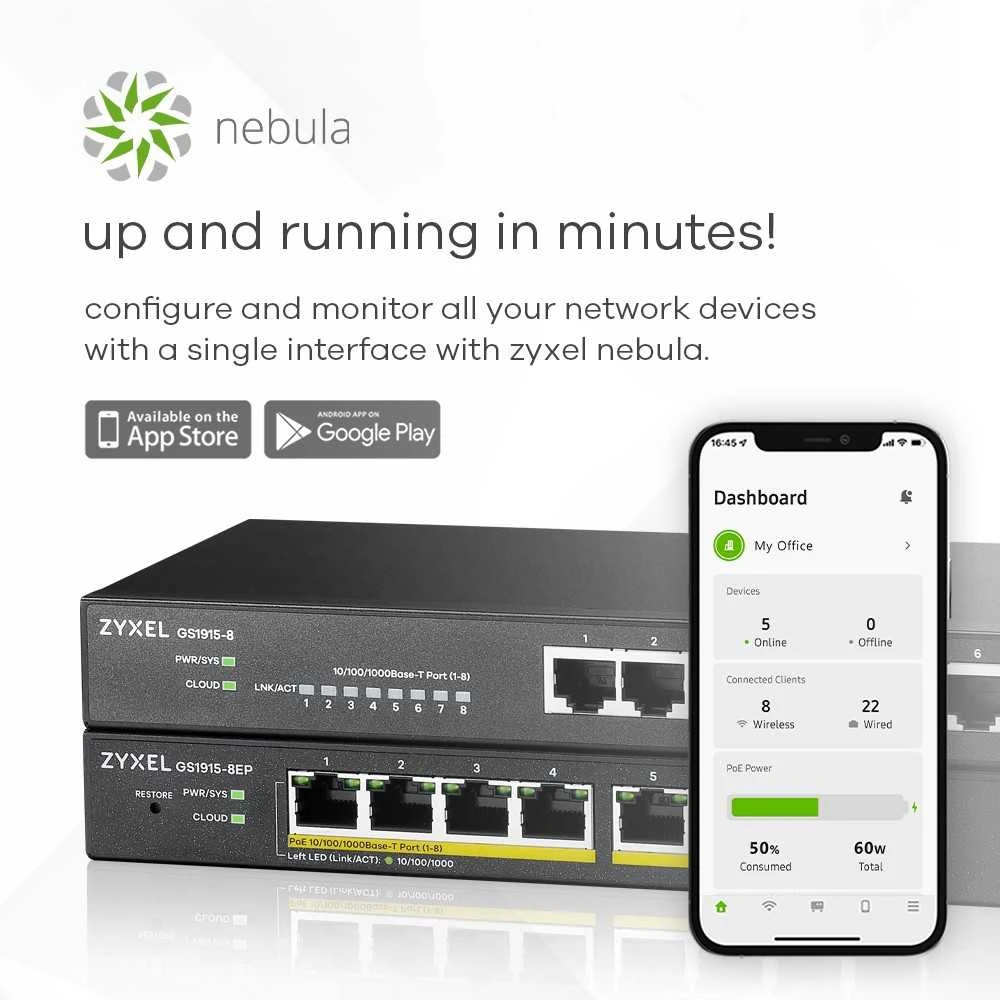 Šakotuvas ZYXEL GS1915-8, 8-PORT GBE SMART SWITCH, HYBRID MODE, STANDALONE OR NEBULAFLEX CLOUD, DESKTOP, FANLESS (5Y WARRANTY)