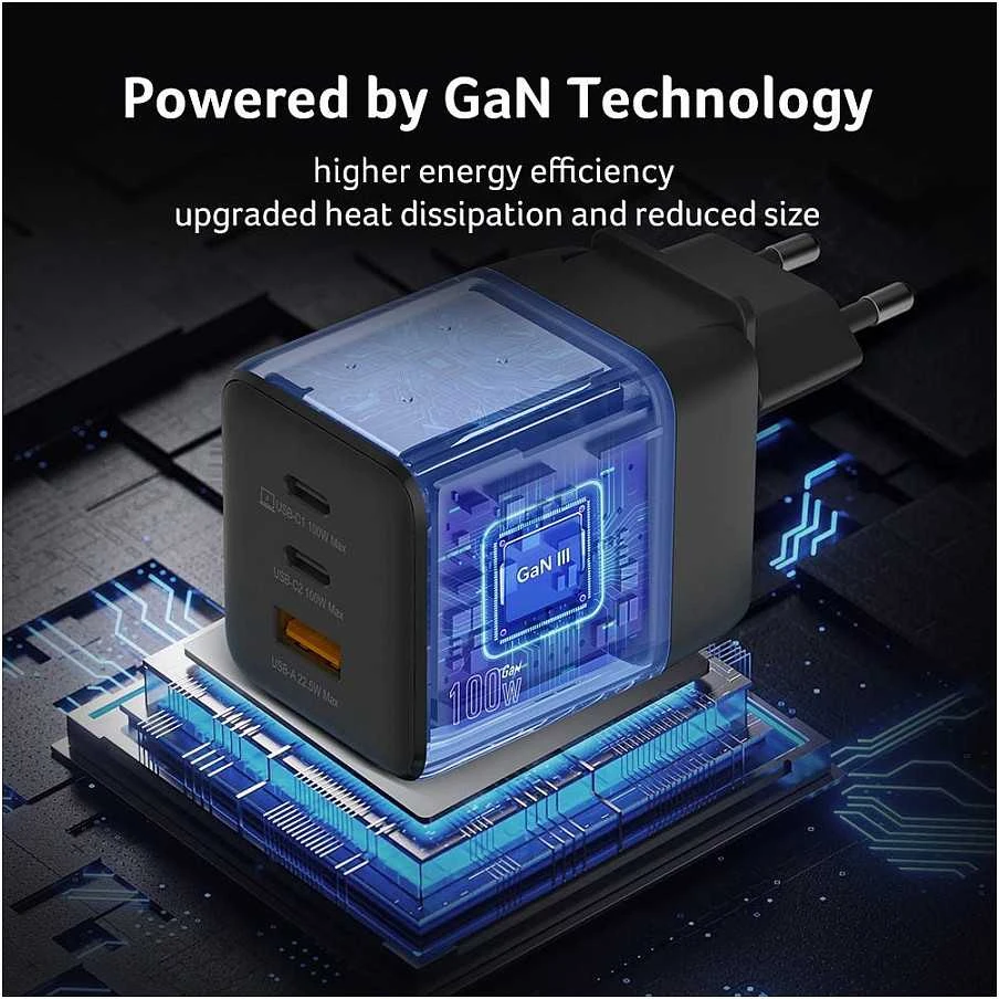 Acer | 100 W GaN įkroviklis, 2 x USB-C + 1 x USB-A jungtys