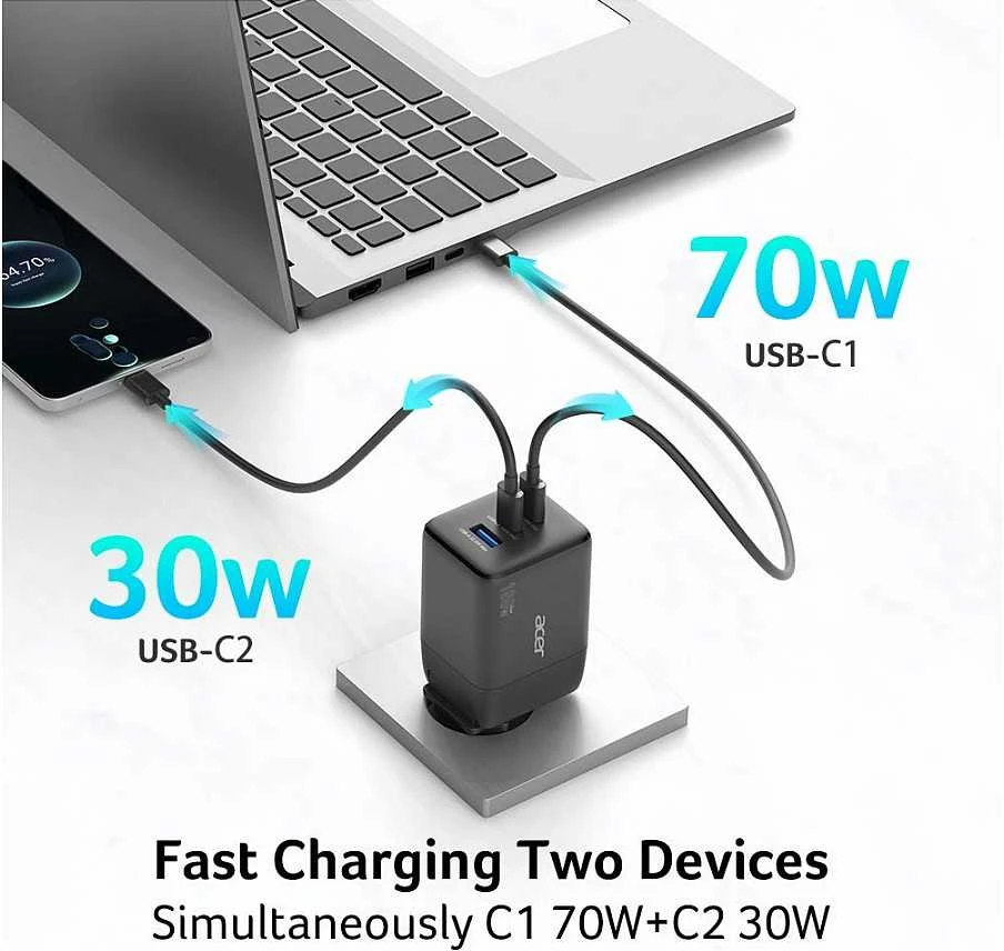 Acer | 100 W GaN įkroviklis, 2 x USB-C + 1 x USB-A jungtys