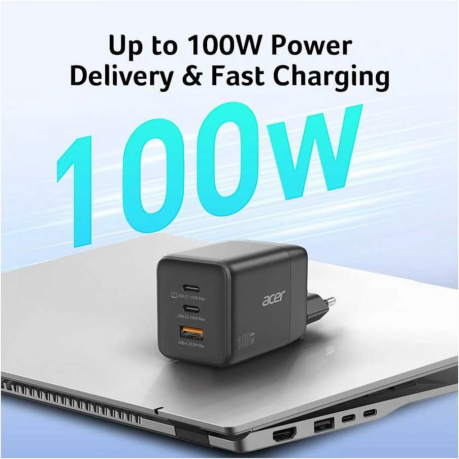 Acer | 100 W GaN įkroviklis, 2 x USB-C + 1 x USB-A jungtys