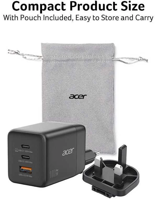 Acer | 100 W GaN įkroviklis, 2 x USB-C + 1 x USB-A jungtys