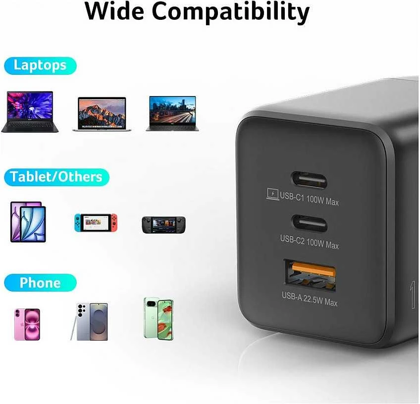 Acer | 100 W GaN įkroviklis, 2 x USB-C + 1 x USB-A jungtys