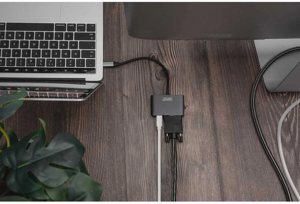 Assmann Electronic DIGITUS USB-C - mini DP + VGA Adapteris 20cm 4K/30Hz sidabrinis aliuminio korpusas