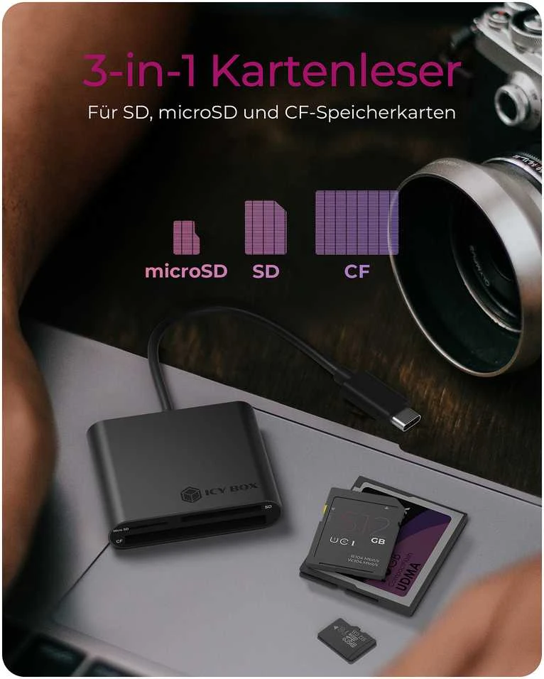 Icy Box RaidSonic ICYBOX USB 3.0 kortelių skaitytuvas Išorinis USB 3.0 Type-C pagrindinio kompiuterio jungtis SD 3.0 UHS-I Juodas