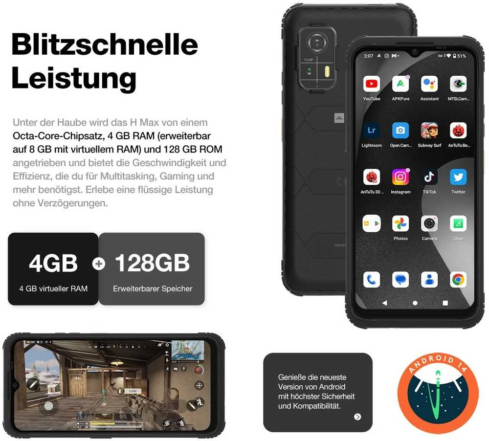 Išmanusis telefonas AGM Mobile H MAX Outdoor Rugged 128GB 4RAM 4G Juodas