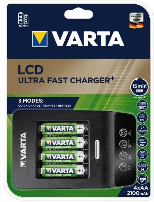 Varta LCD Ultra Fast Charger+ įsk. 4 Batt. 2100 mAh AA + 12V
