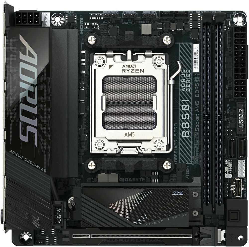 Pagrindinė plokštė Gigabyte B850I AORUS PRO | Procesorių šeima AMD | Procesoriaus lizdas AM5 | DDR5 | Palaikomos standžiojo disko sąsajos SATA, M.2 | SATA jungčių skaičius 2