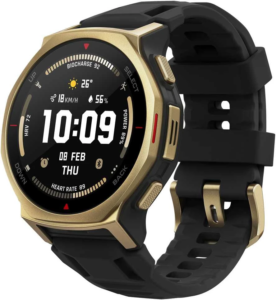 Išmanusis laikrodis „Amazfit T-Rex 3 Pro NFC“, 44 mm su silikoniniu dirželiu, aukso/juodo spalvos